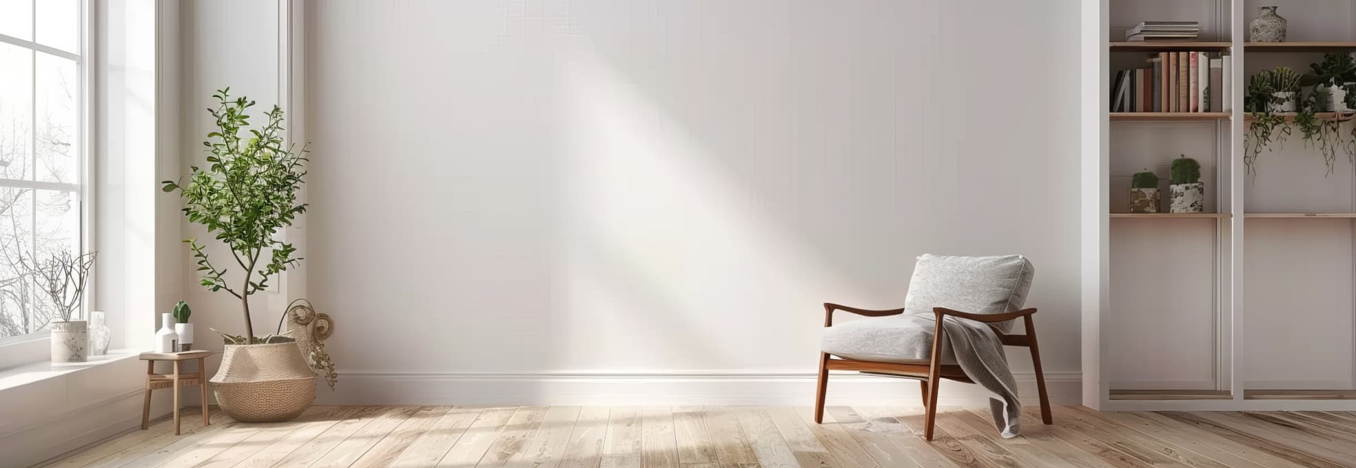 日差しが差し込む明るいリビングに、お気に入りの木製アームチェアと観葉植物が置かれた、居心地の良い空間の写真